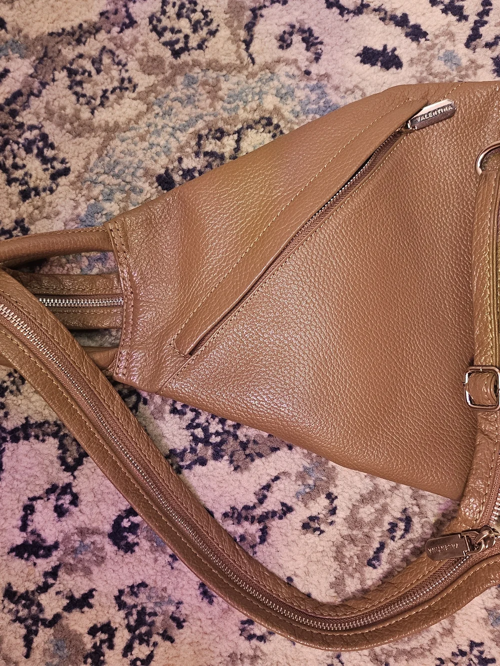 Valentino Brown Pebbled Leather Crossbody Sling Bag with Gold Plaque
